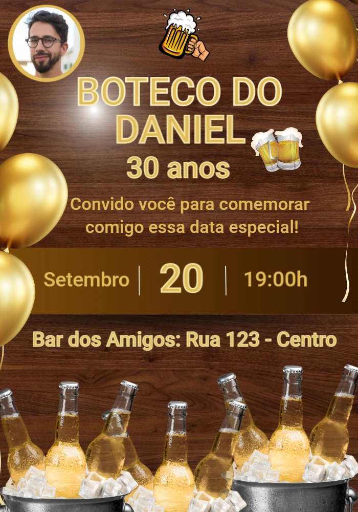 Convite Aniversário Boteco com Foto para Editar Online