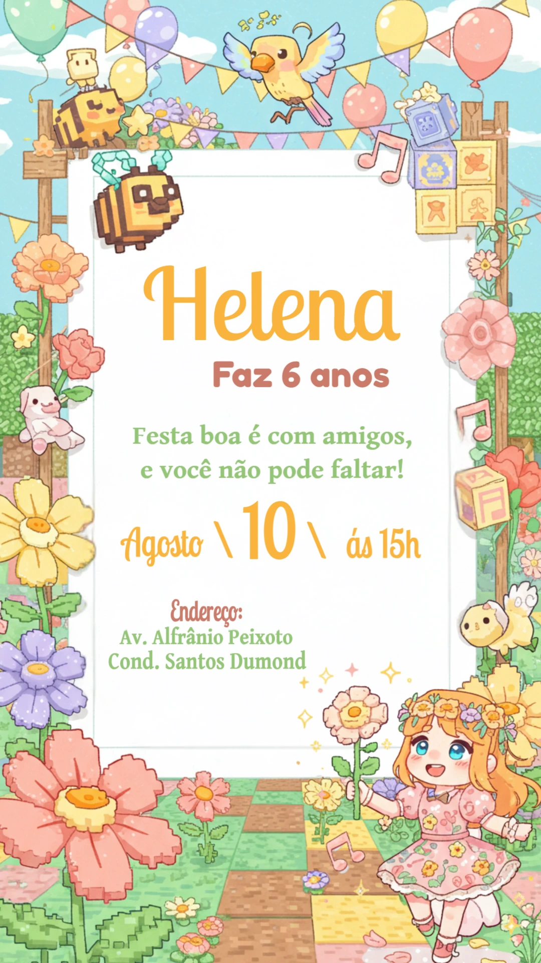 Convite de Aniversário Animal Crossing Pixel Art para Editar