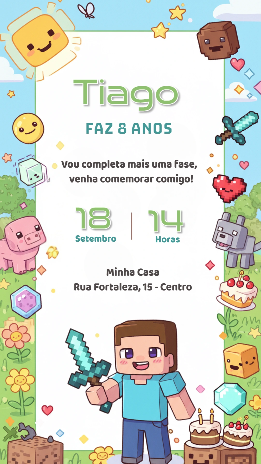 Convite de Aniversário Minecraft Fofo com Personagens para Editar