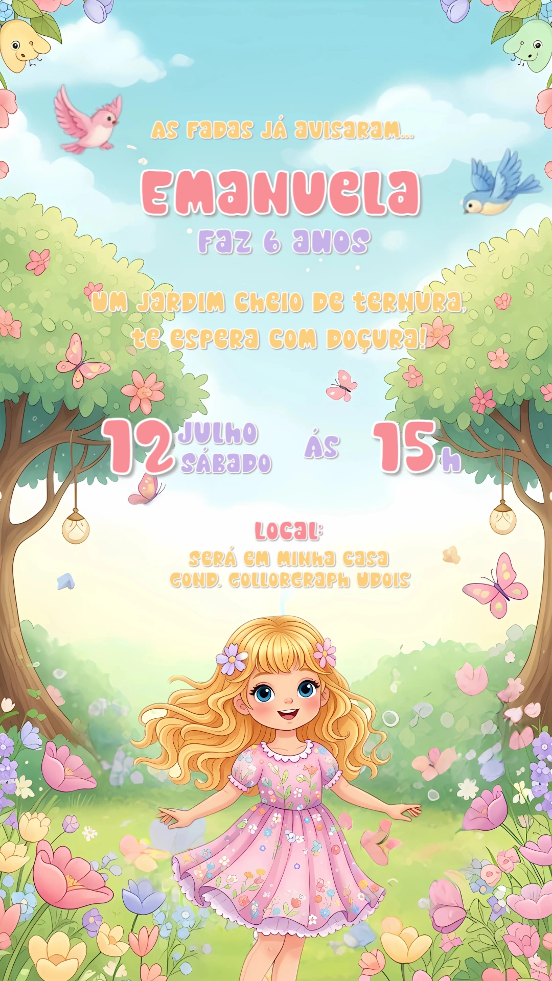 Convite Aniversário Jardim Encantado com Fada para Editar Online