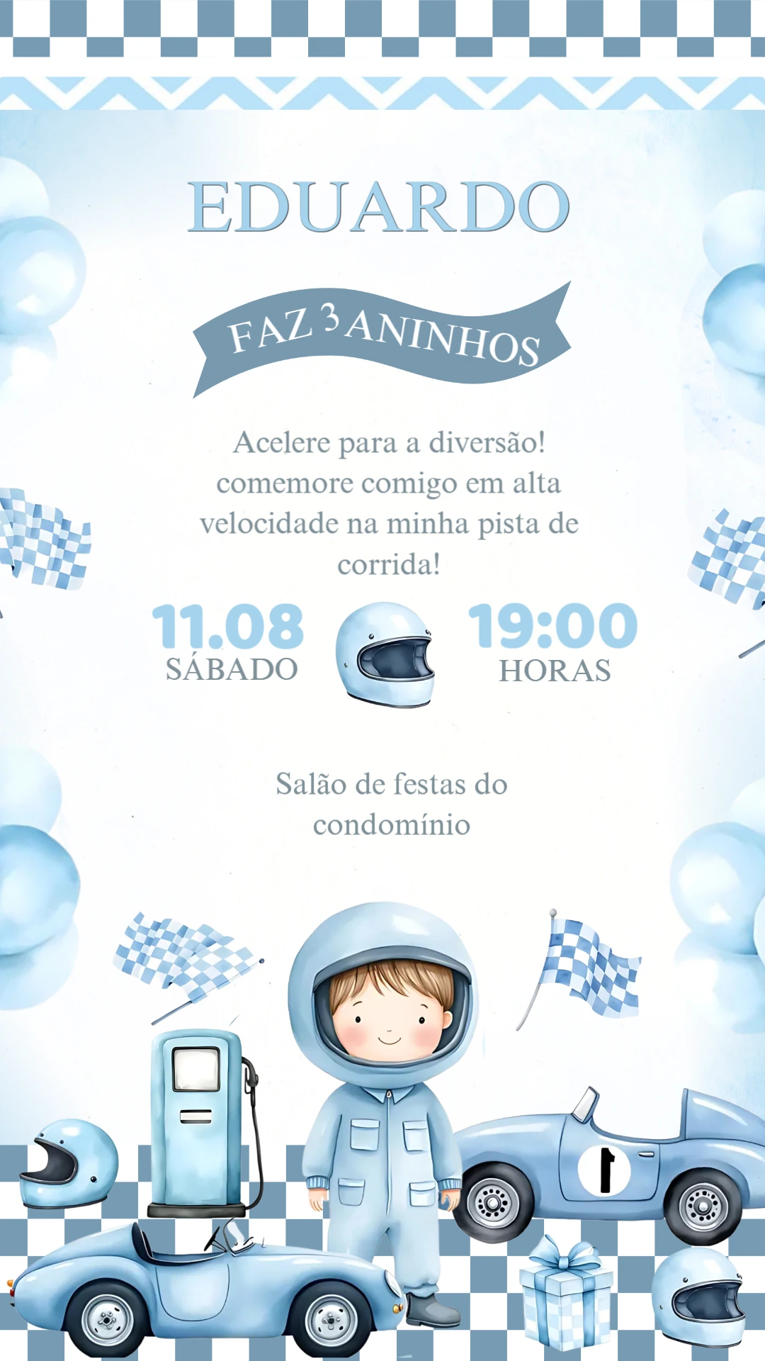 Convite Aniversário Corrida de Carros para Editar Online