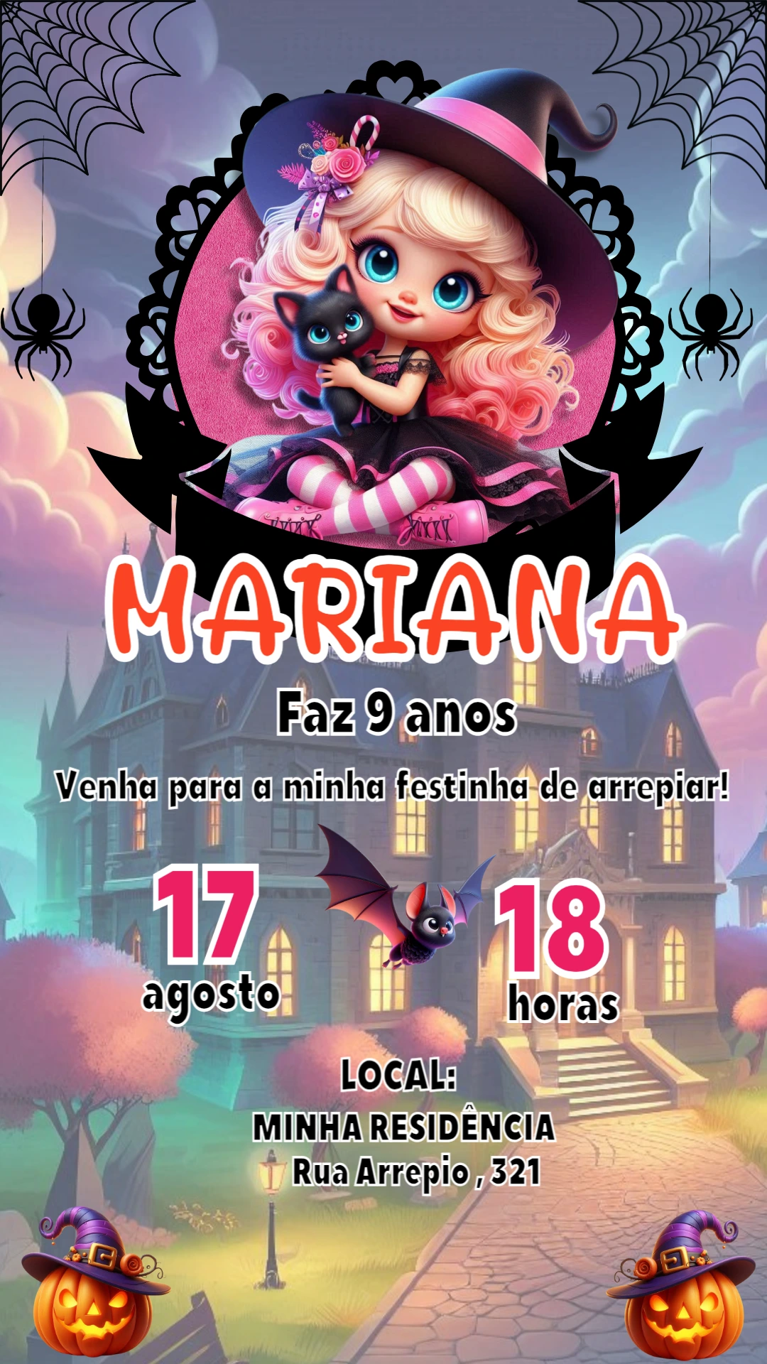 Convite Aniversário Halloween Bruxinha Fofa para Editar Online