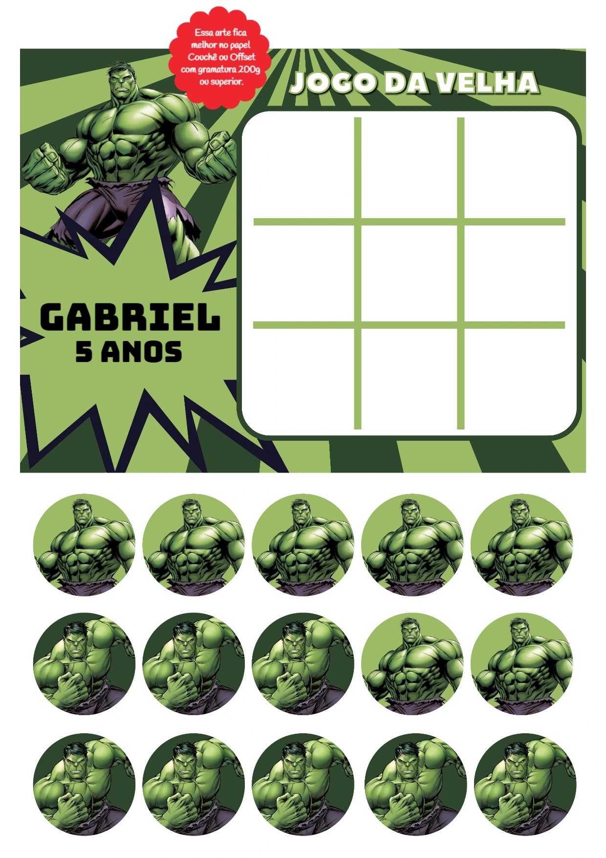 Jogo da Velha Hulk para Aniversário para Editar e Imprimir
