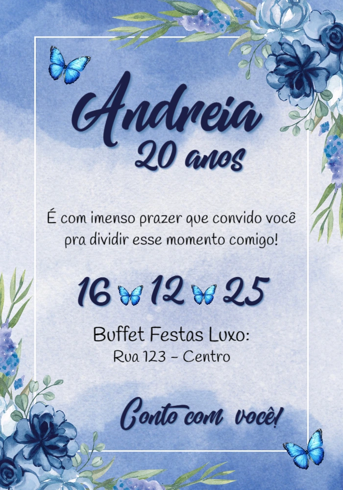 Convite de Aniversário Borboletas Azuis em Aquarela para Editar