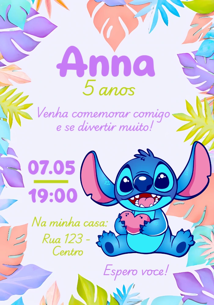Convite de Aniversário Stitch Infantil para Editar Online