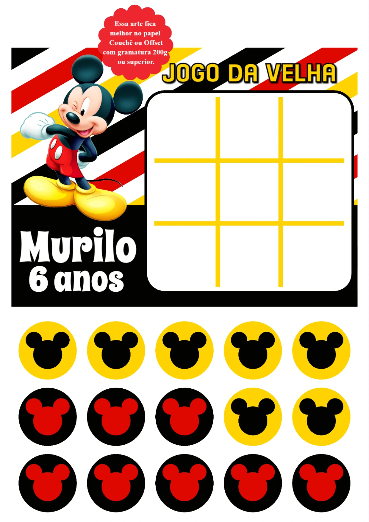 Jogo da Velha Mickey para Aniversário para Editar e Imprimir