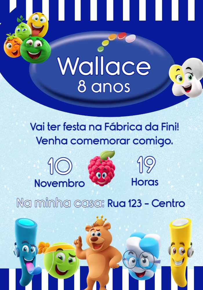 Convite Aniversário Fini com Personagens para Editar Online