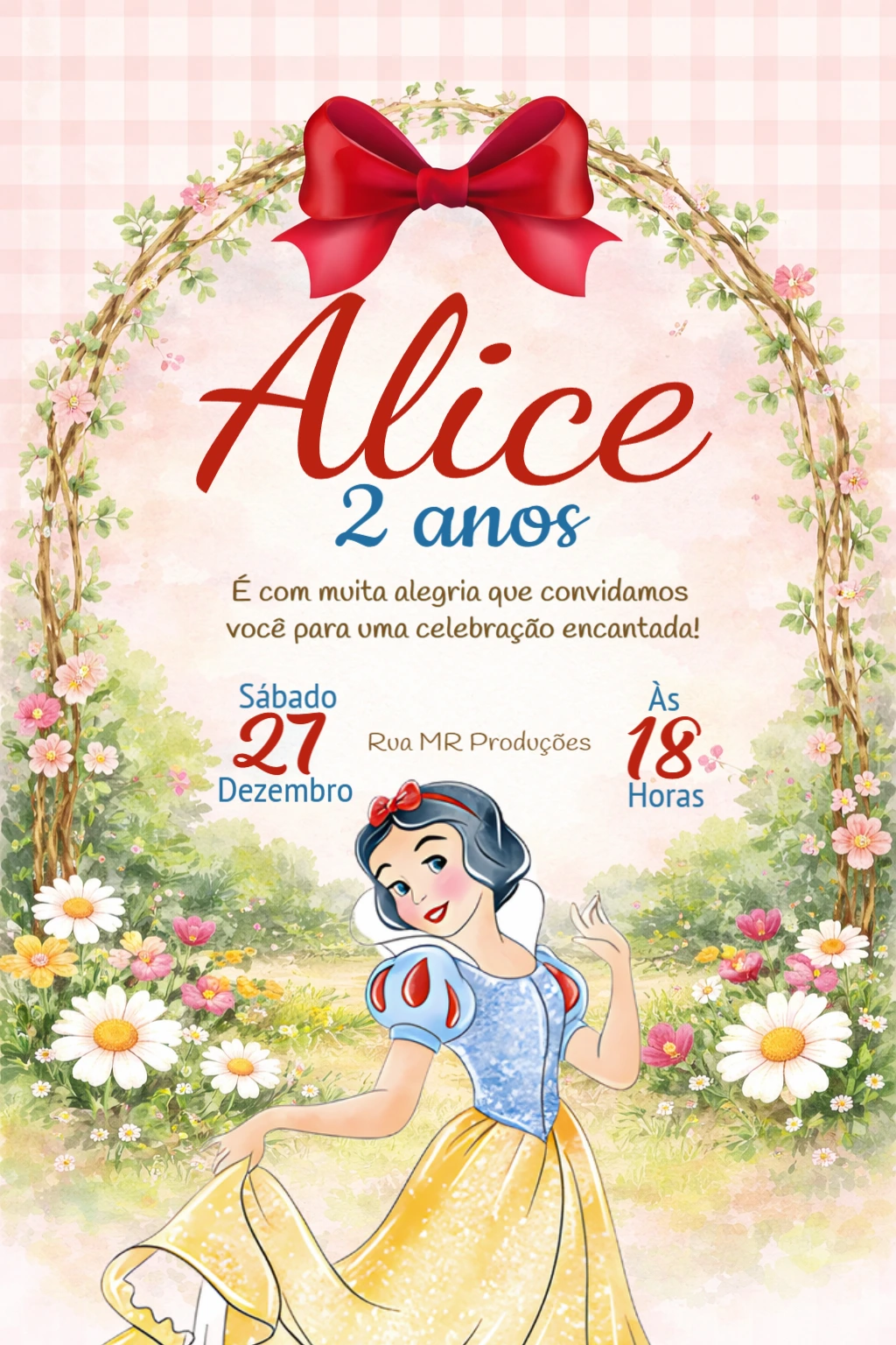 Convite Animado Branca de Neve Floral para Editar