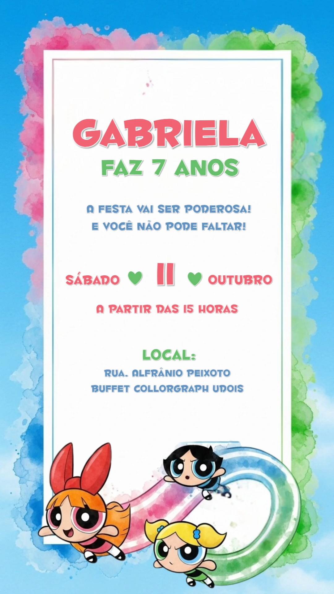 Convite de Aniversário Meninas Super Poderosas para Editar Online