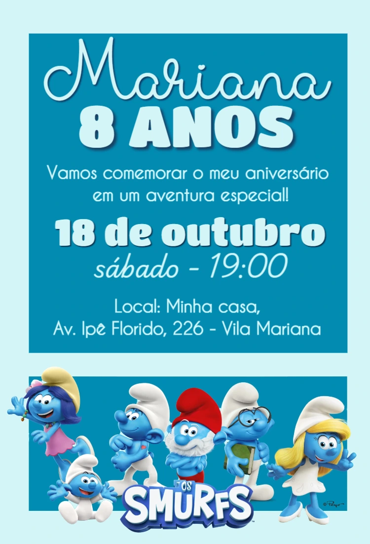 Convite de Aniversário Os Smurfs Editável Online para Imprimir
