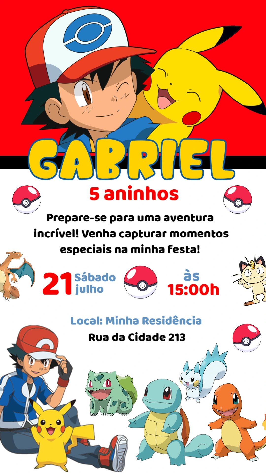 Convite de Aniversário Pokémon com Ash e Pikachu para Editar