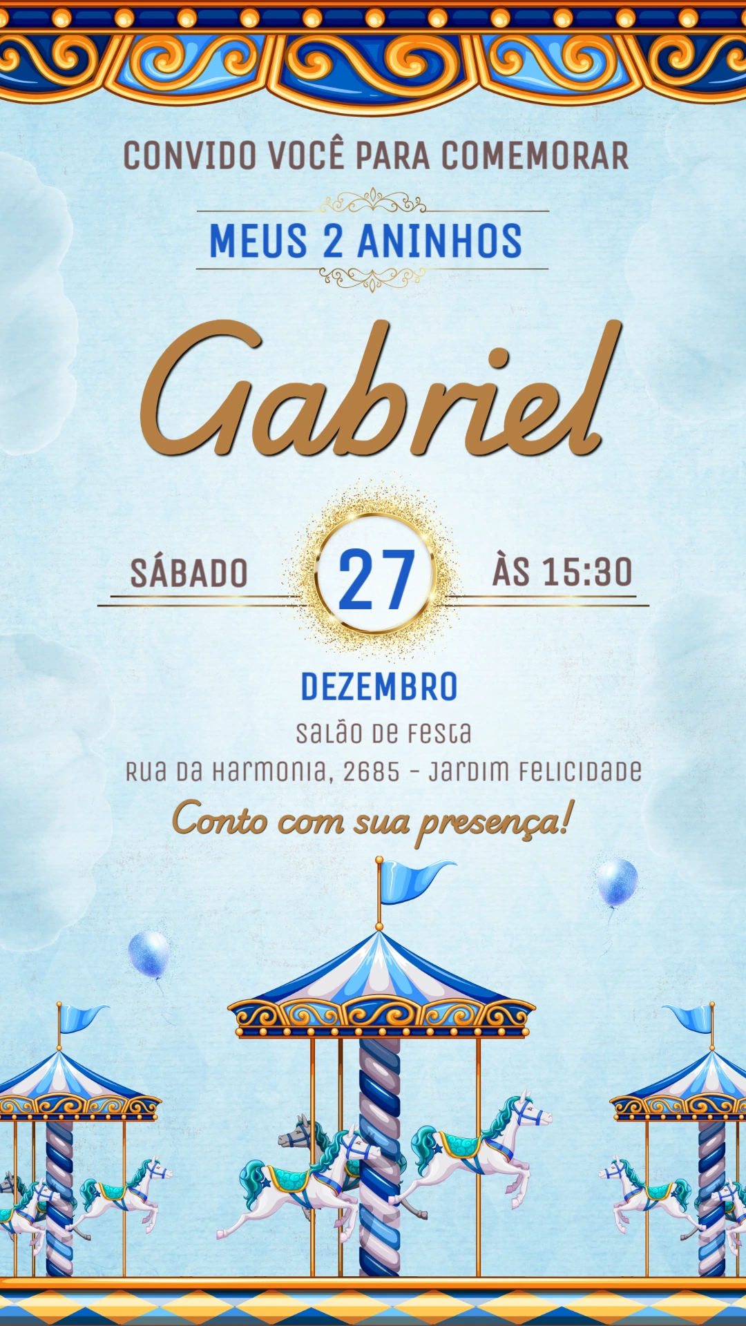 Convite de Aniversário Carrossel Azul para Editar Online