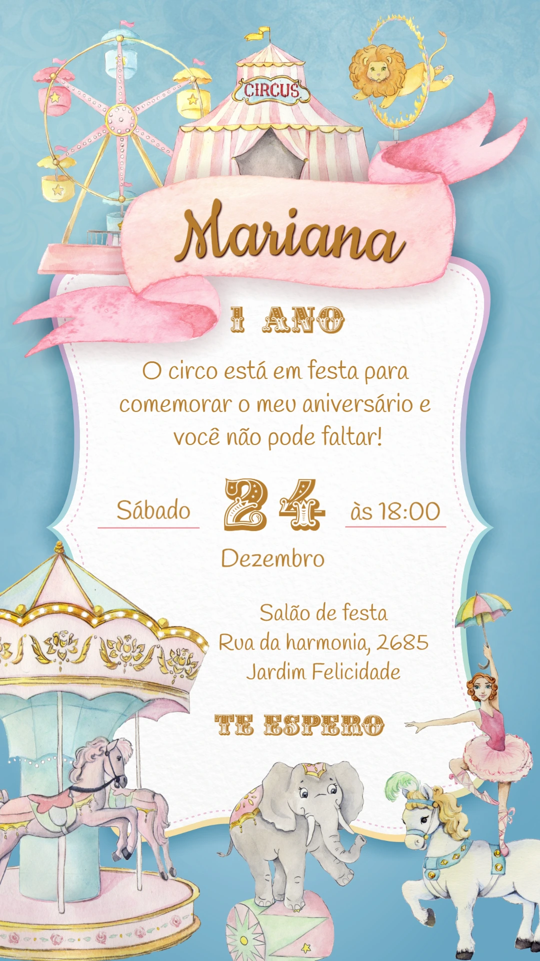 Convite Aniversário Circo Rosa Aquarela para Editar Online