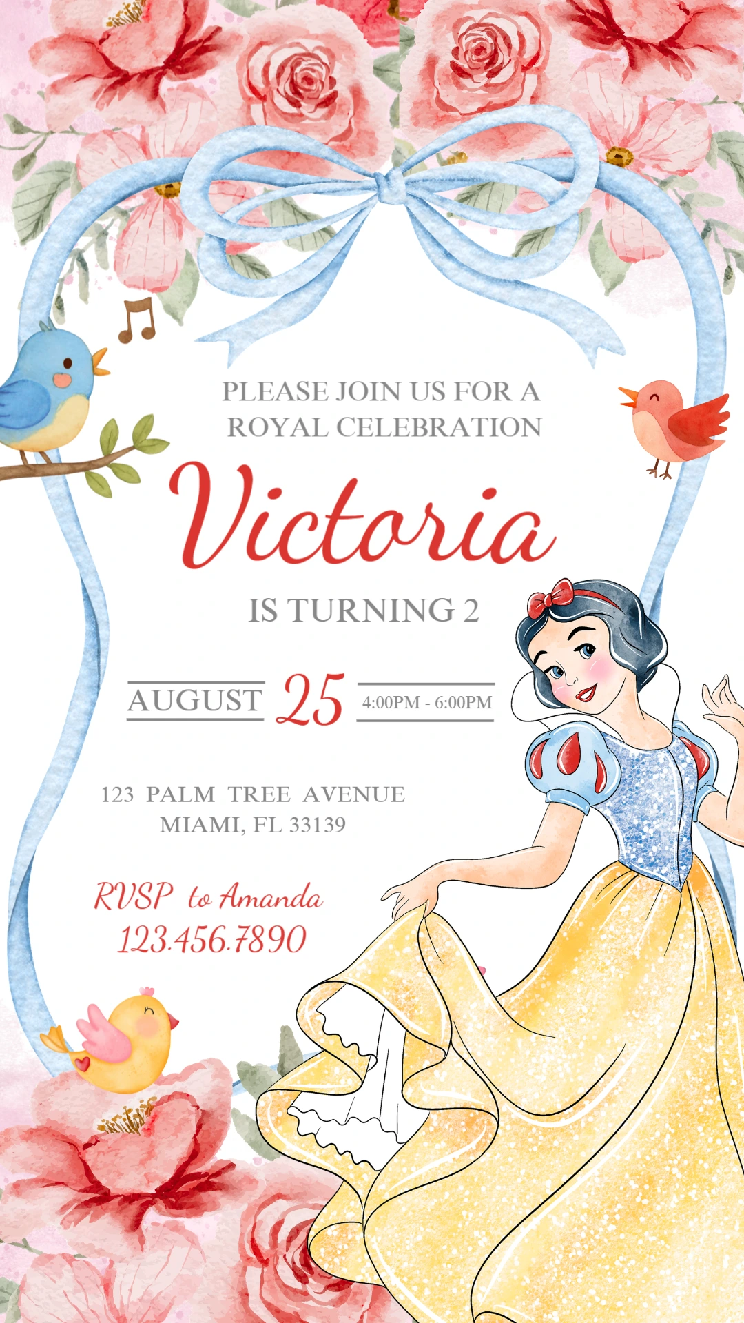 Editable Snow White Floral Birthday Party Invitation