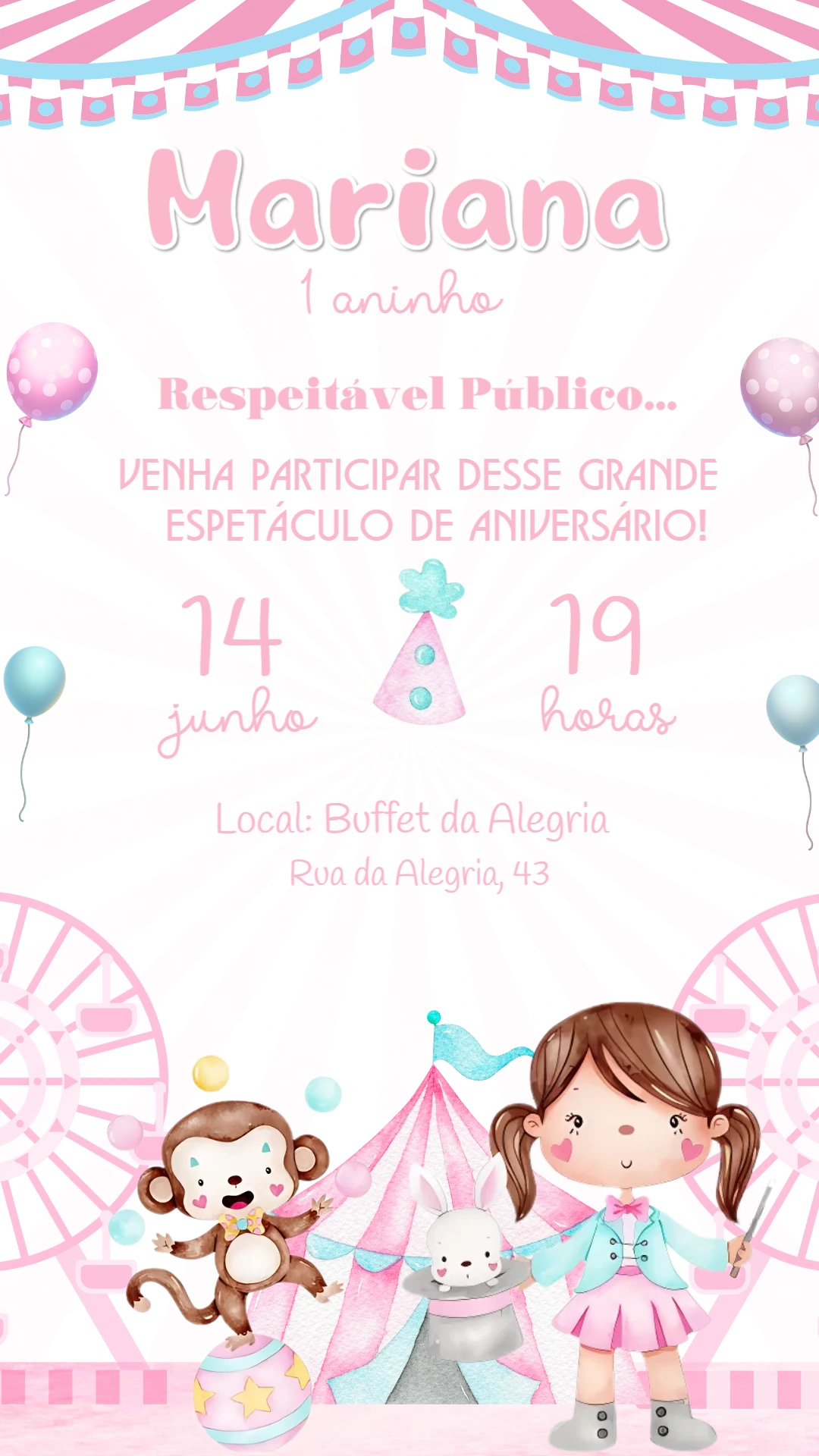 Convite Aniversário Circo Rosa Aquarela para Editar Online