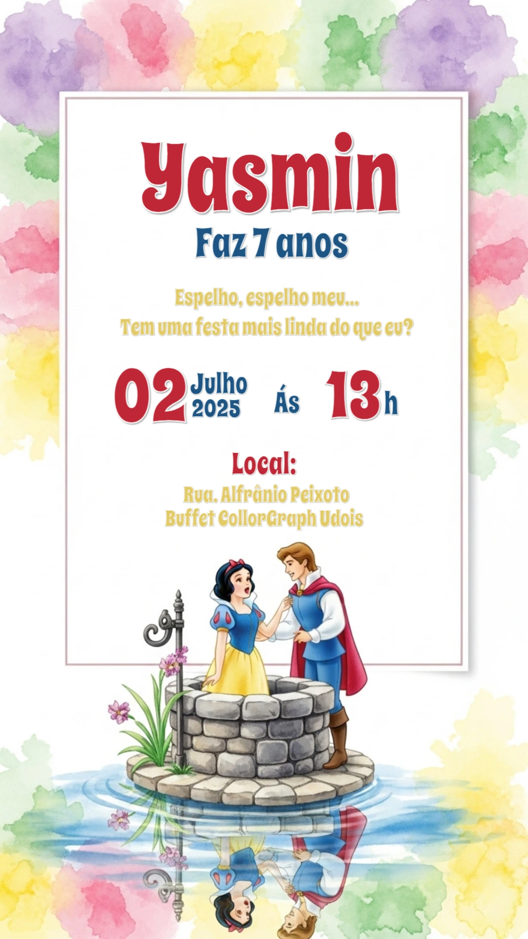 Convite Aniversário Branca de Neve e Príncipe para Editar Online