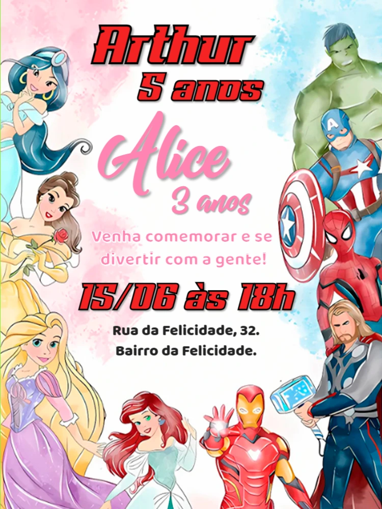 Convite Aniversário Duplo Princesas e Vingadores para Editar