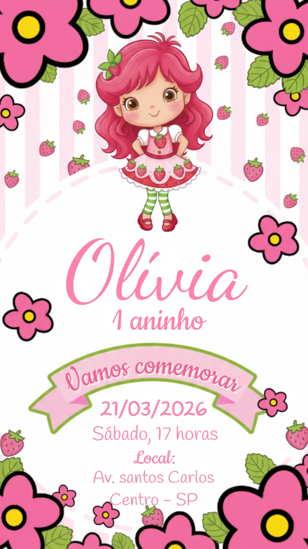 Convite de Aniversário Moranguinho Rosa e Verde Editável