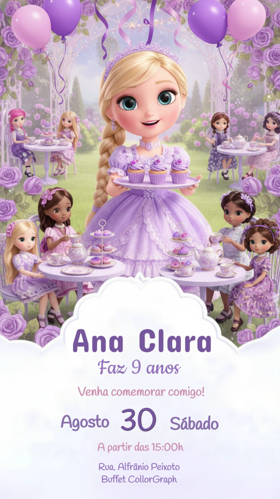 Convite Digital Aniversário Infantil Princesa e Bonecas Editável