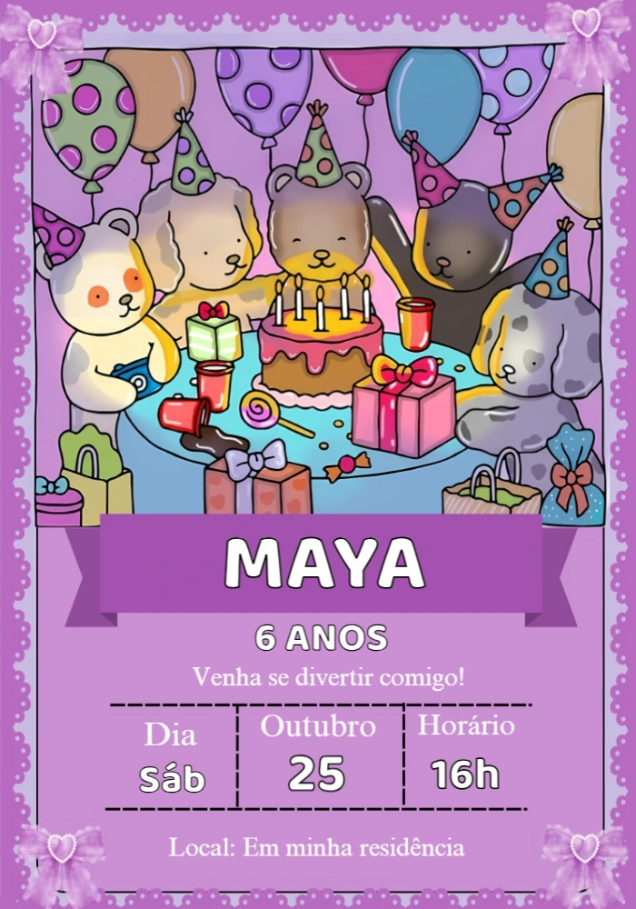 Convite de Aniversário Bichinhos Fofos para Editar Online