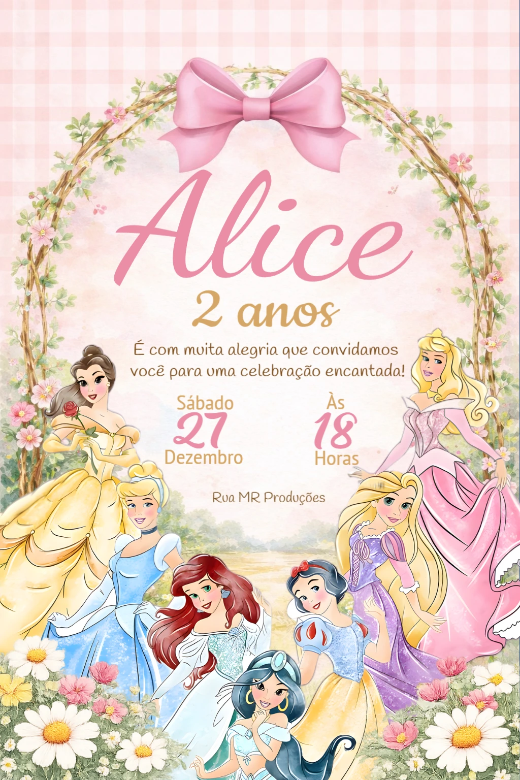 Convite Animado Princesas Disney Floral para Editar