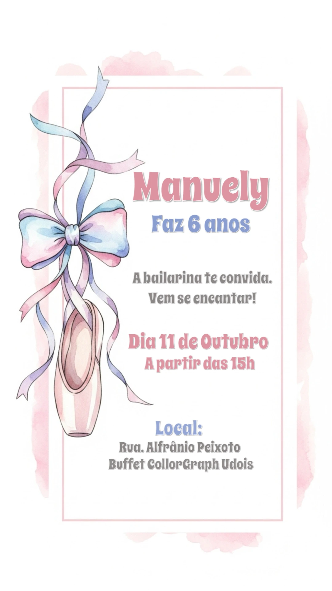 Convite Aniversário Bailarina Delicado para Editar Online