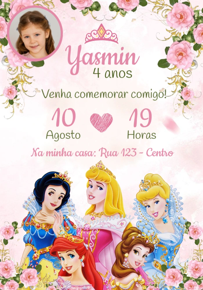 Convite Aniversário Princesas com Foto para Editar Online