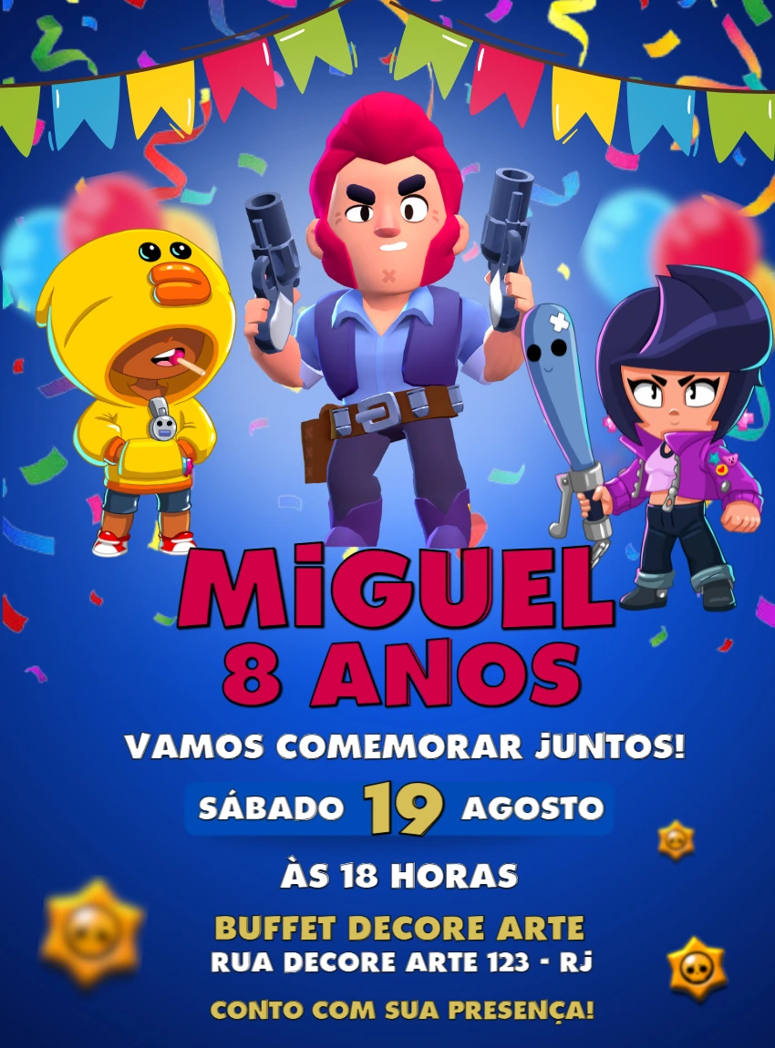 Convite de Aniversário Brawl Stars com Personagens para Editar