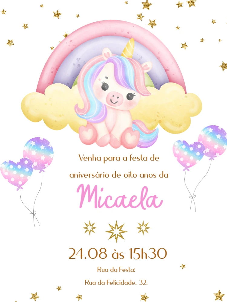 Convite de Aniversário Unicórnio Fofo para Editar Online