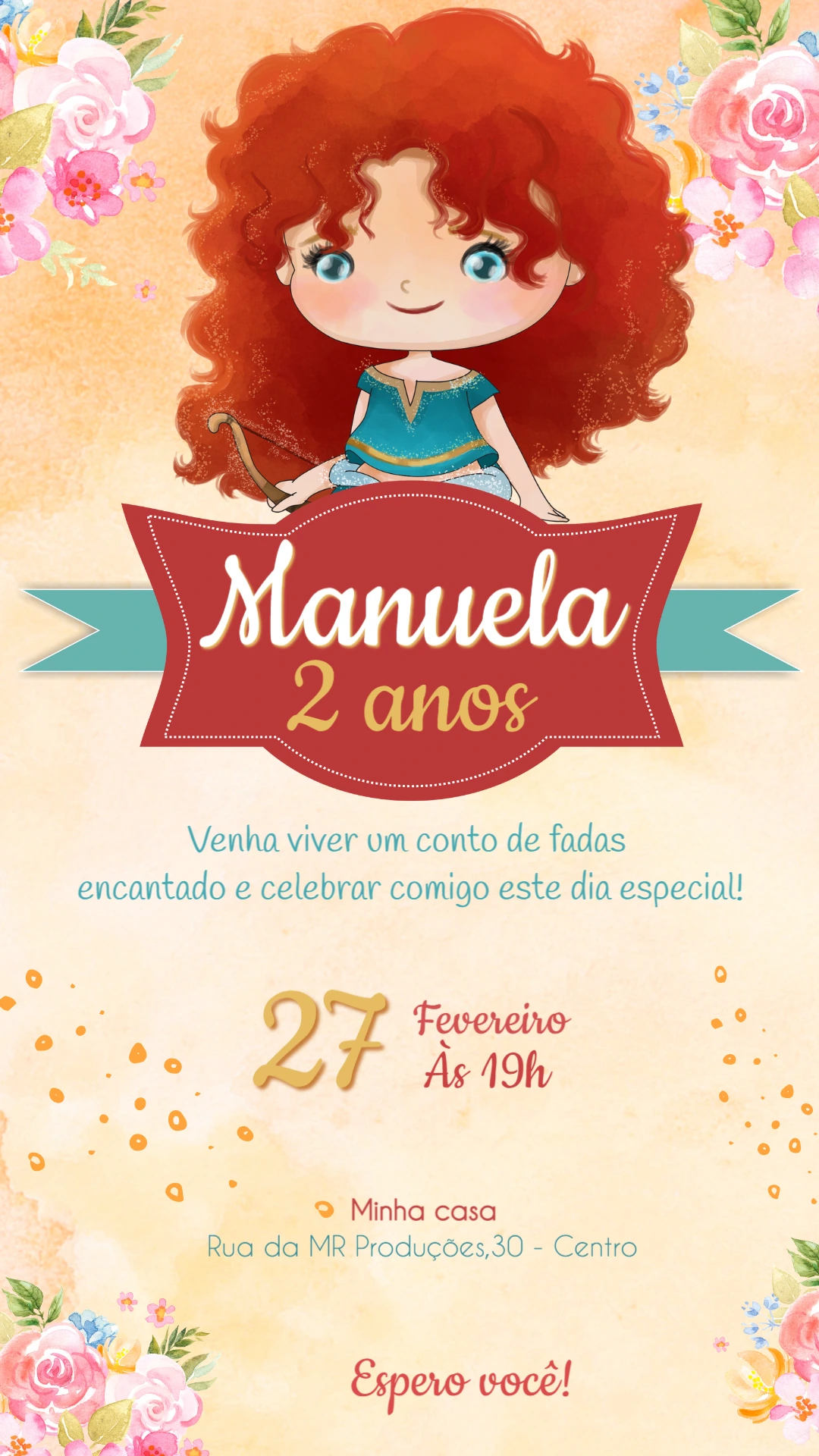Convite Aniversário Merida Valente para Editar Online