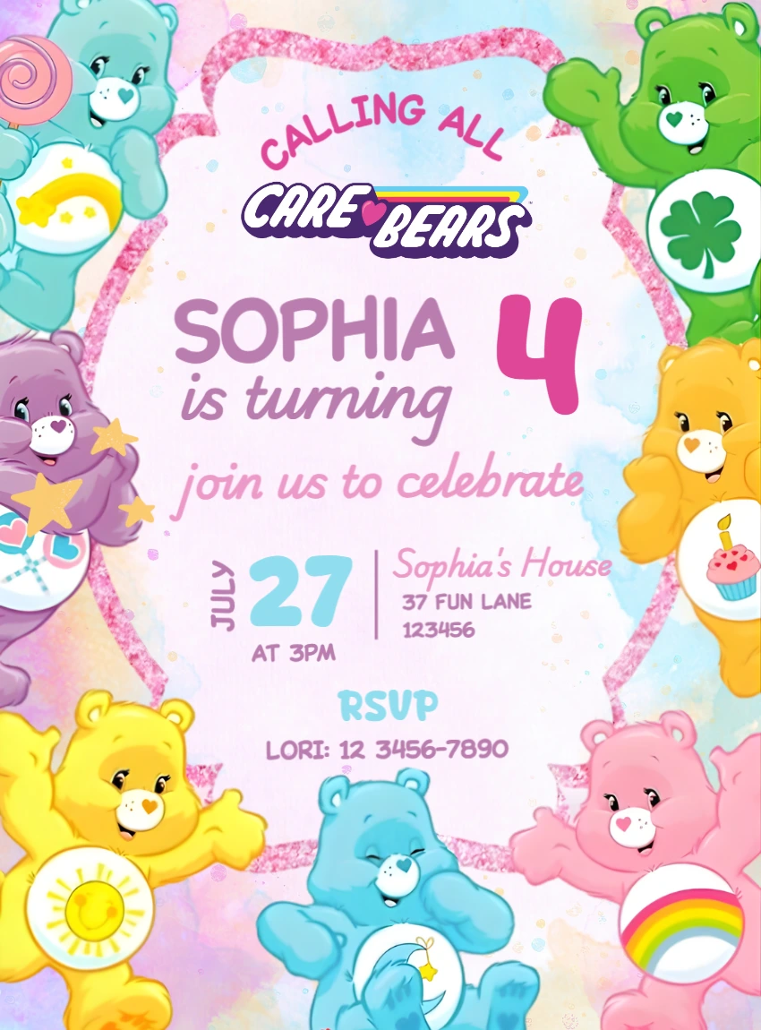 Colorful Care Bears Birthday Invitation | Editable Template