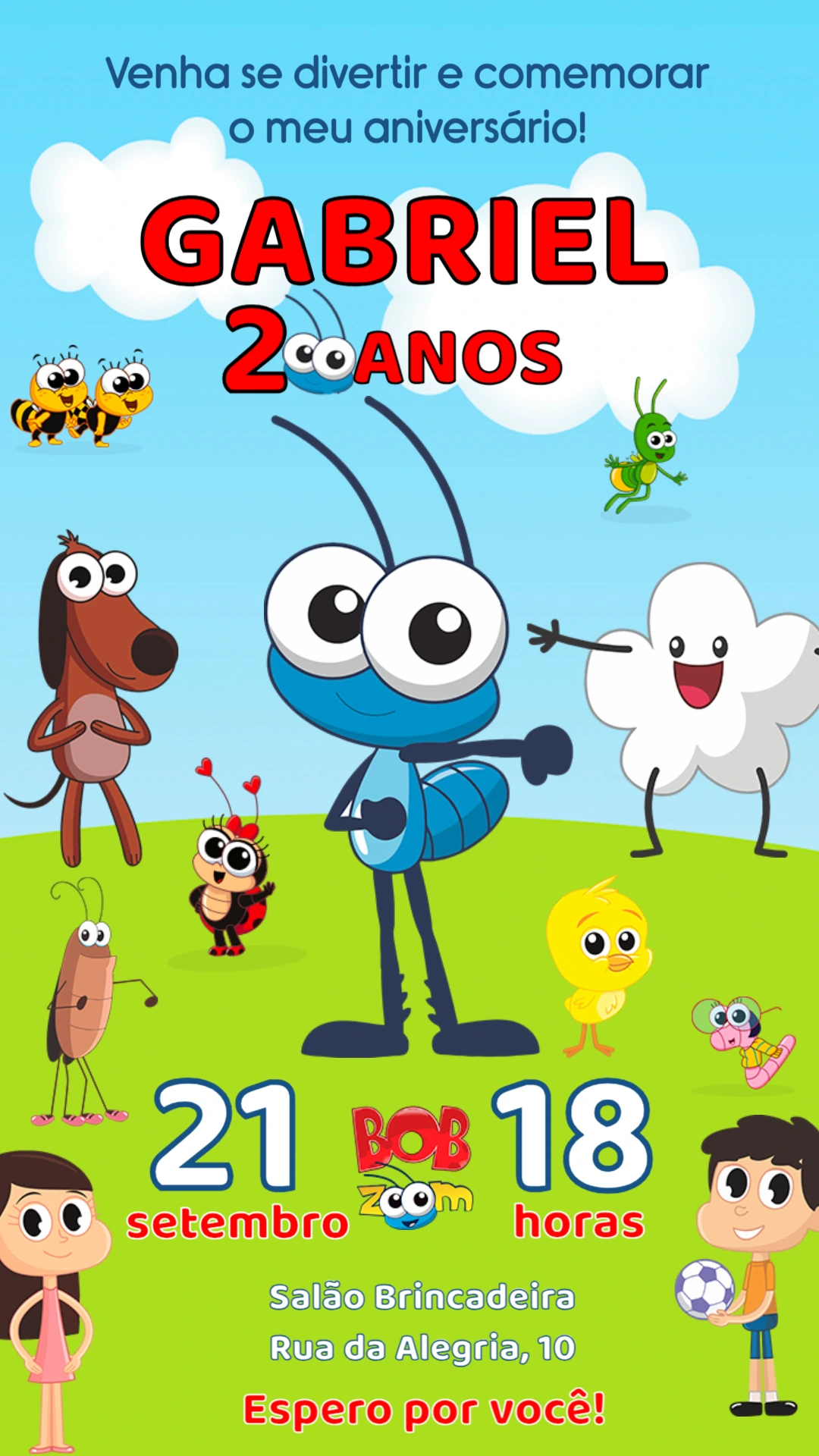 Convite Aniversário Bob Zoom e sua Turma Editável Online