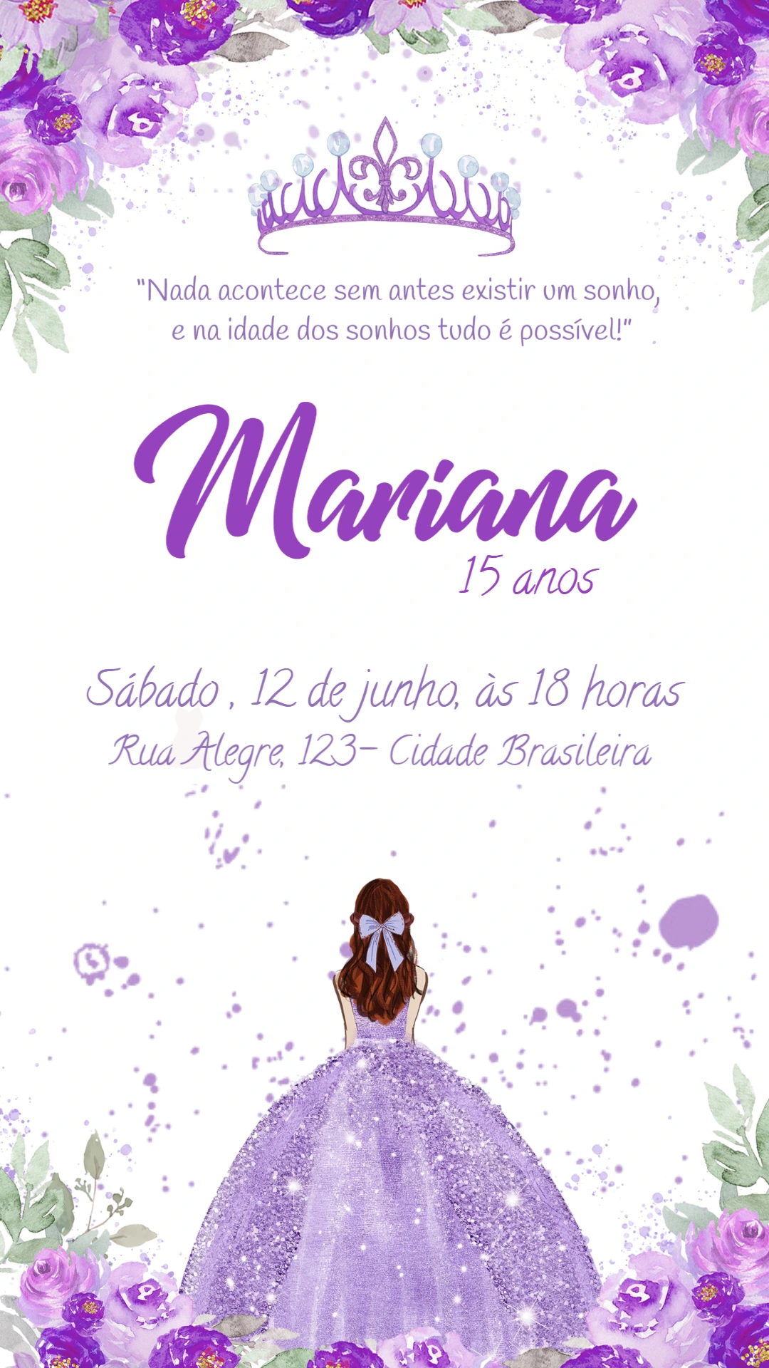 Convite de 15 Anos Princesa Lilás para Editar Online