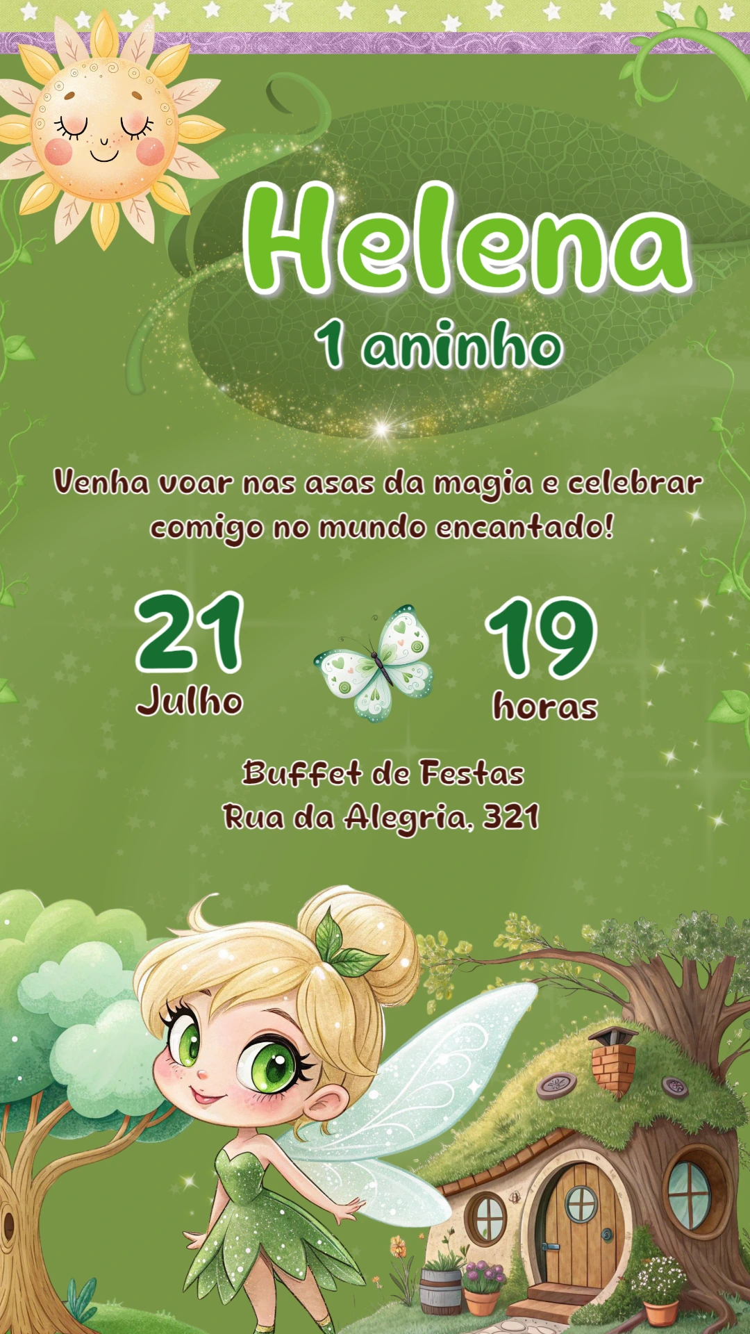 Convite Aniversário Fada Sininho para Editar Online