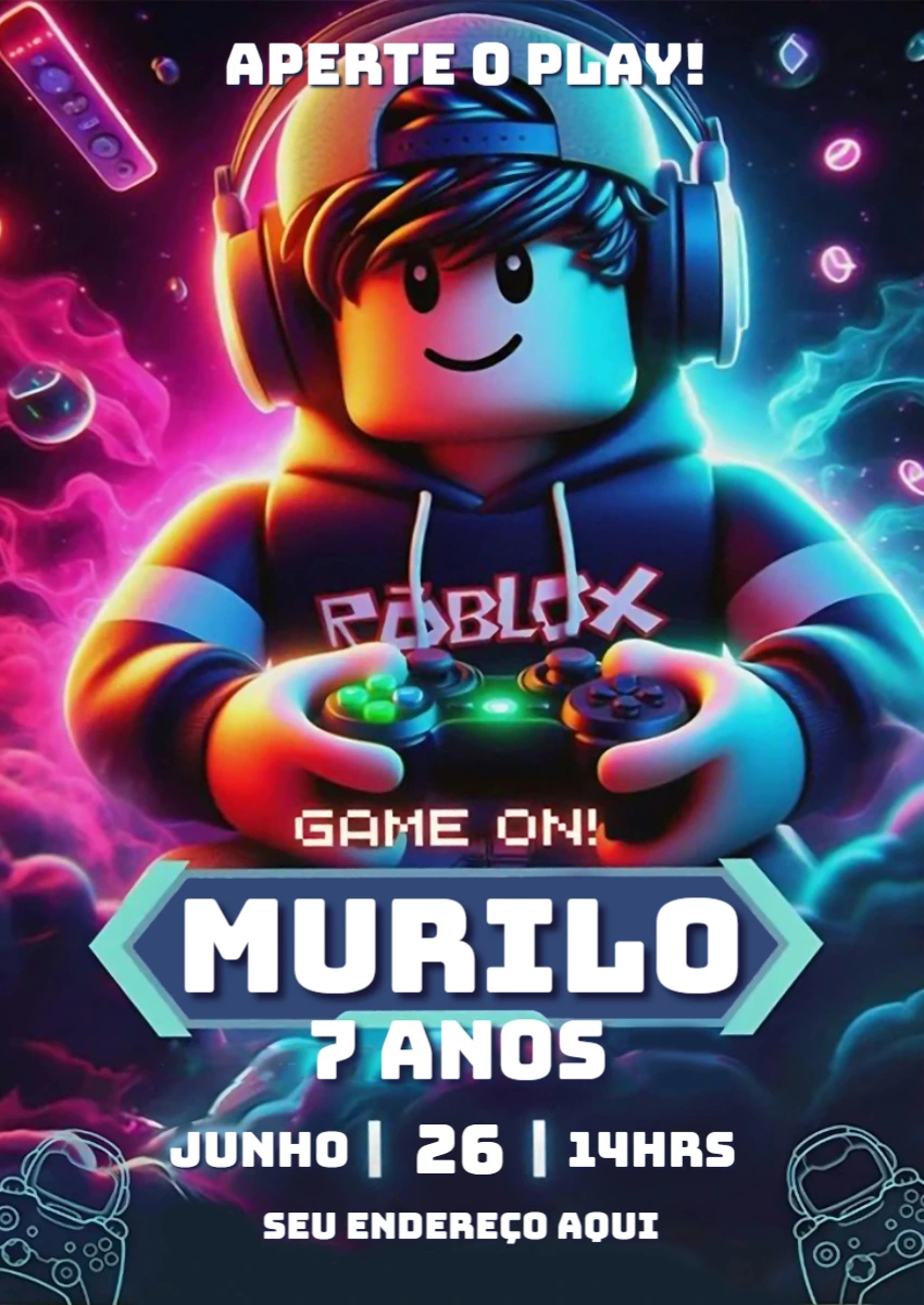 Convite Aniversário Roblox Gamer para Editar e Imprimir