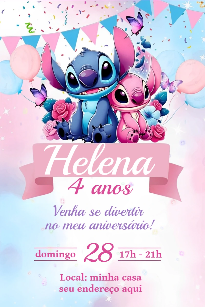 Convite de Aniversário Stitch e Angel para Editar Online