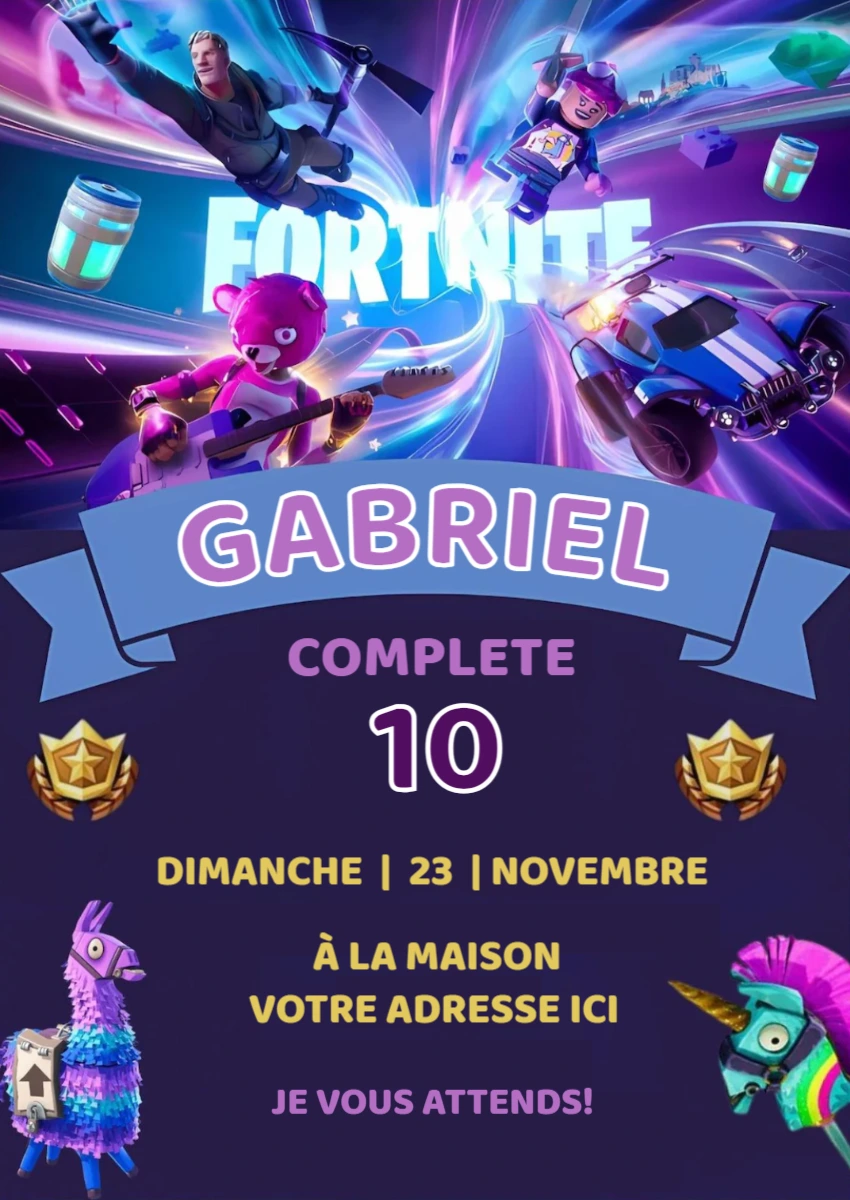 Invitation Anniversaire Fortnite avec Personnages à Modifier