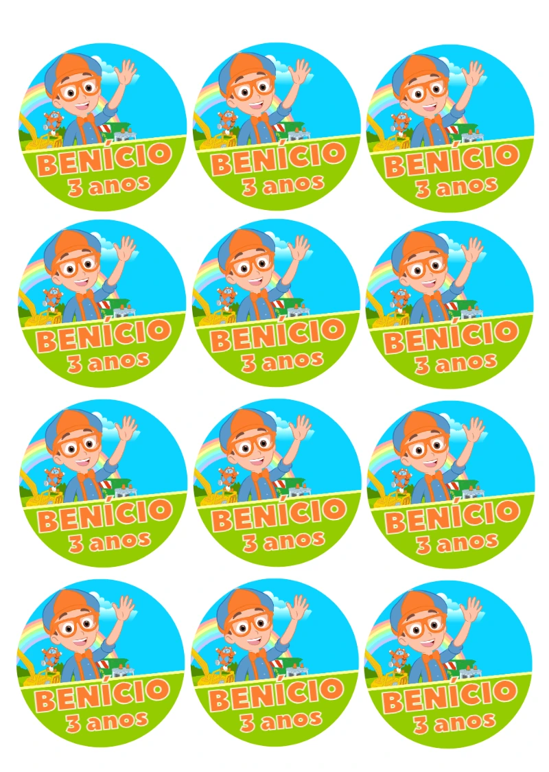 Adesivo Redondo Festa Blippi para Editar e Imprimir