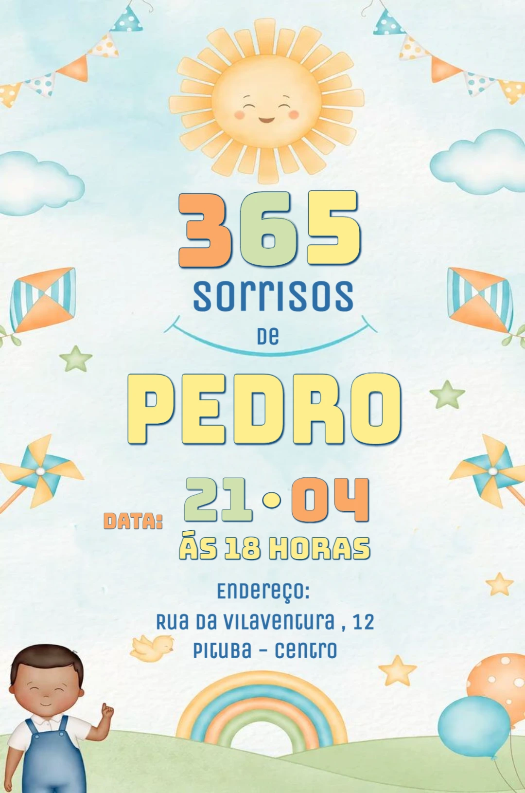 Convite de Aniversário 1 Ano Sol Sorridente para Editar Online