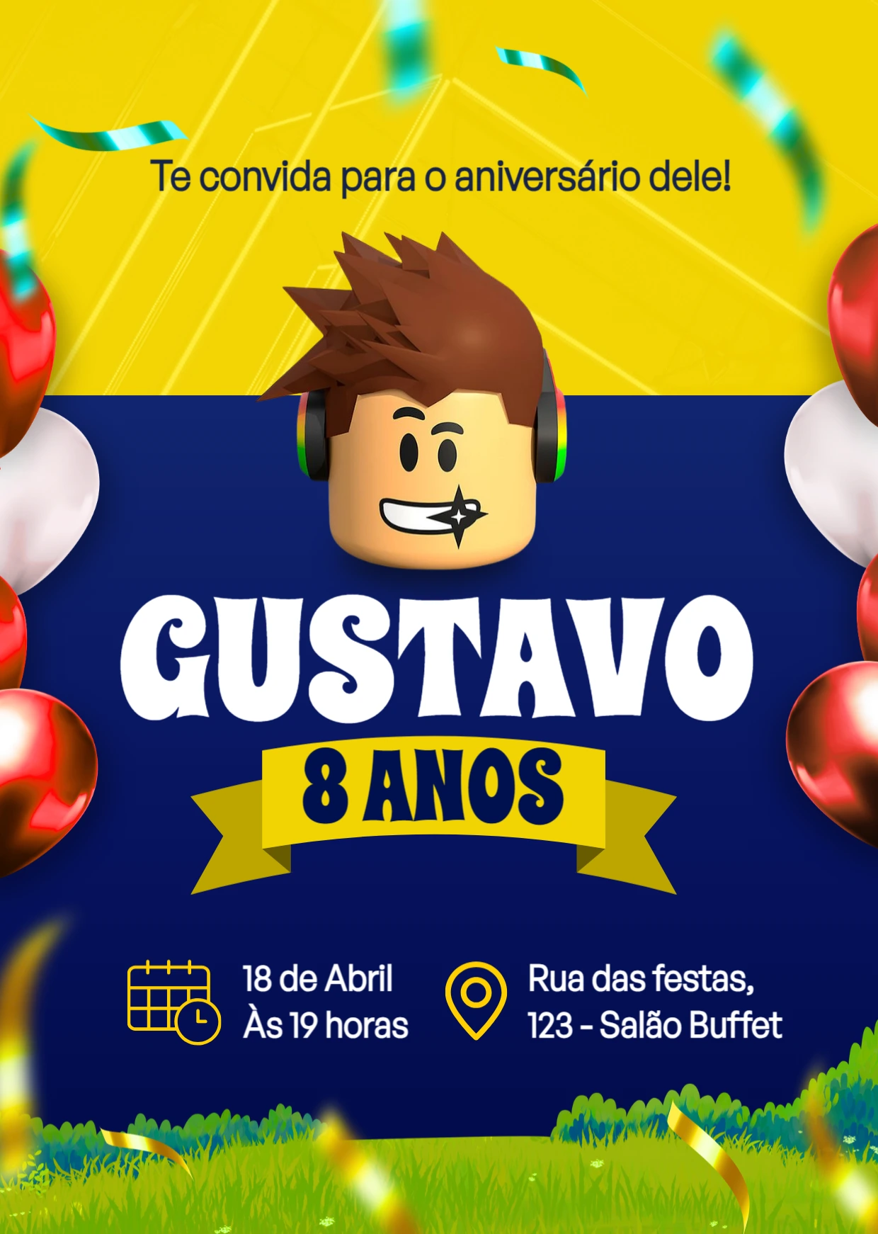 Convite de Aniversário Roblox com Avatar para Editar Online