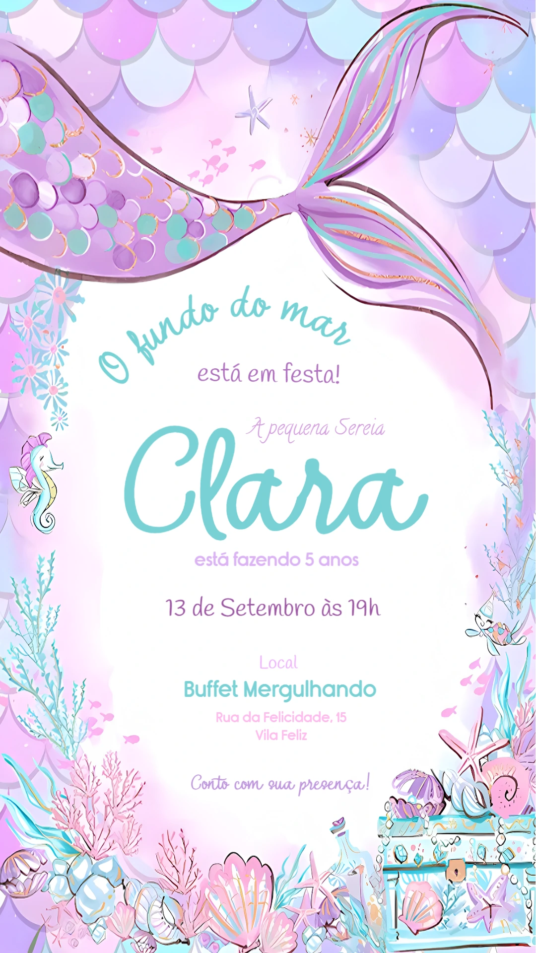 Convite Aniversário Sereia Fundo do Mar para Editar Online