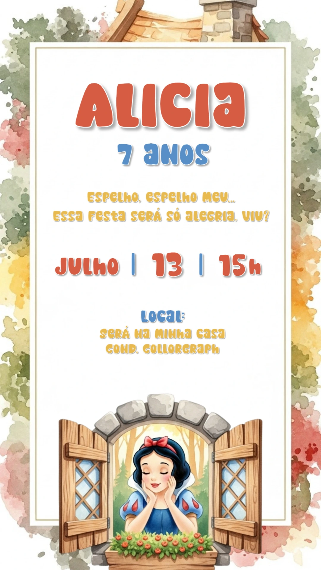 Convite de Aniversário Branca de Neve para Editar Online