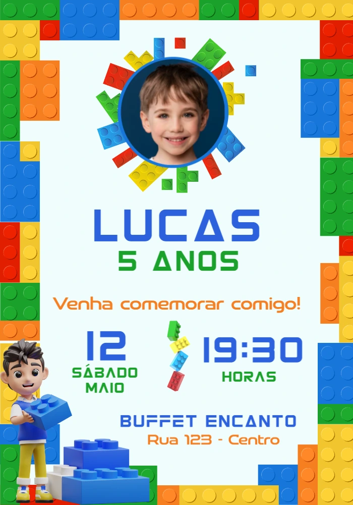 Convite Aniversário Lego com Foto para Editar Online