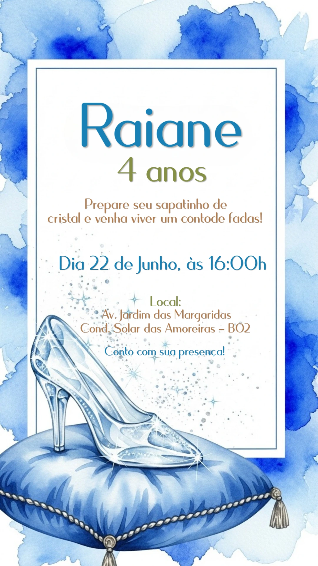 Convite Aniversário Cinderela Sapatinho de Cristal para Editar