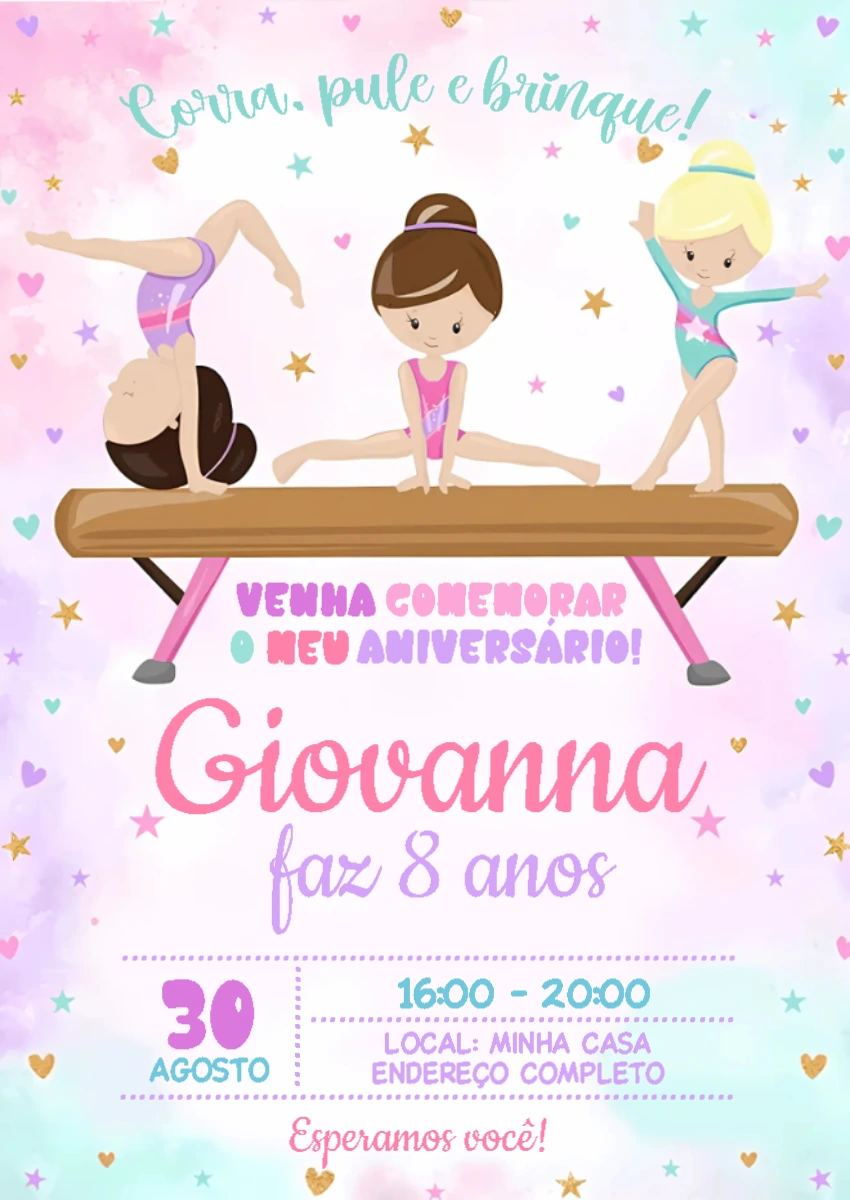 Convite Aniversário Ginástica Artística para Editar Online