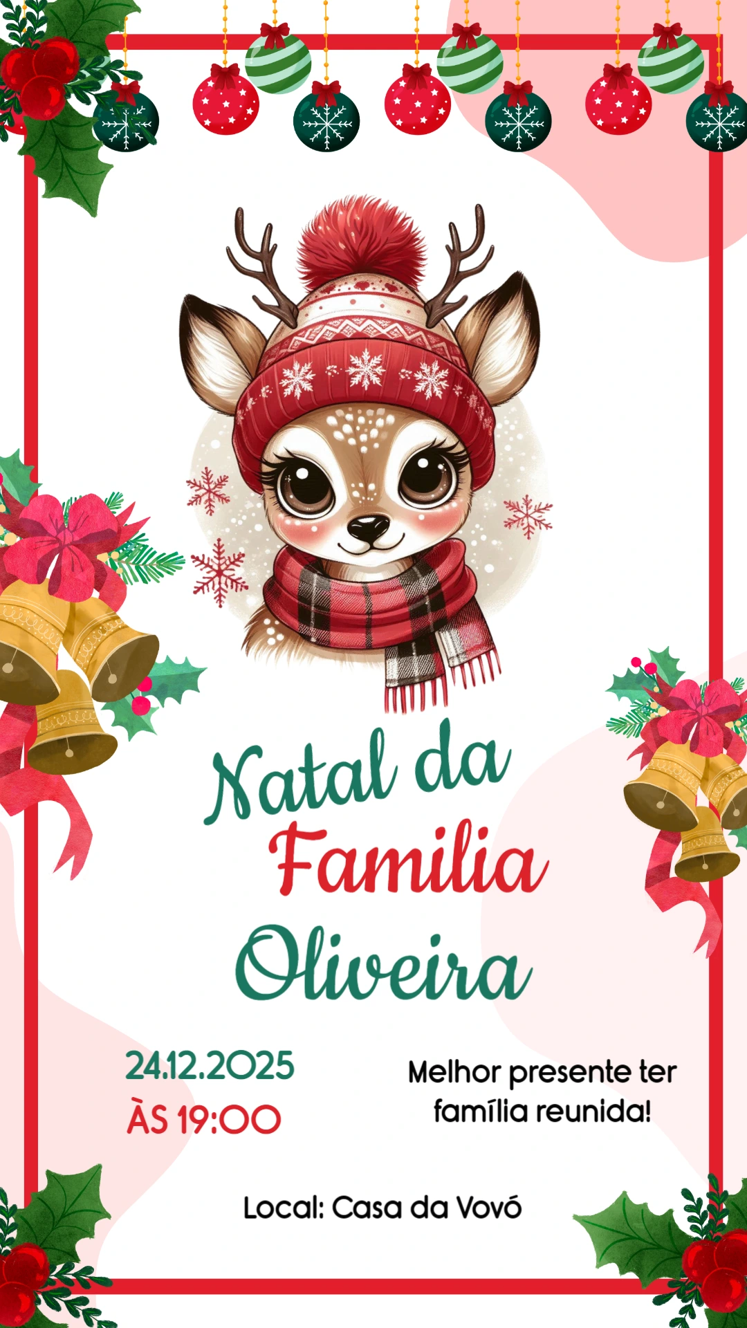 Convite de Natal Rena Fofa Aquarela para Editar Online