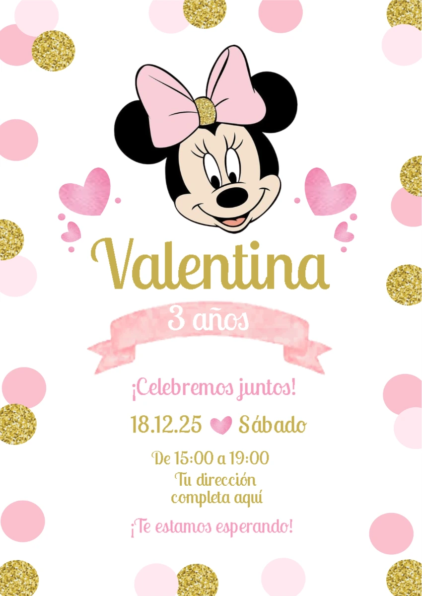 Invitación de Cumpleaños de Minnie Mouse Rosa para Editar