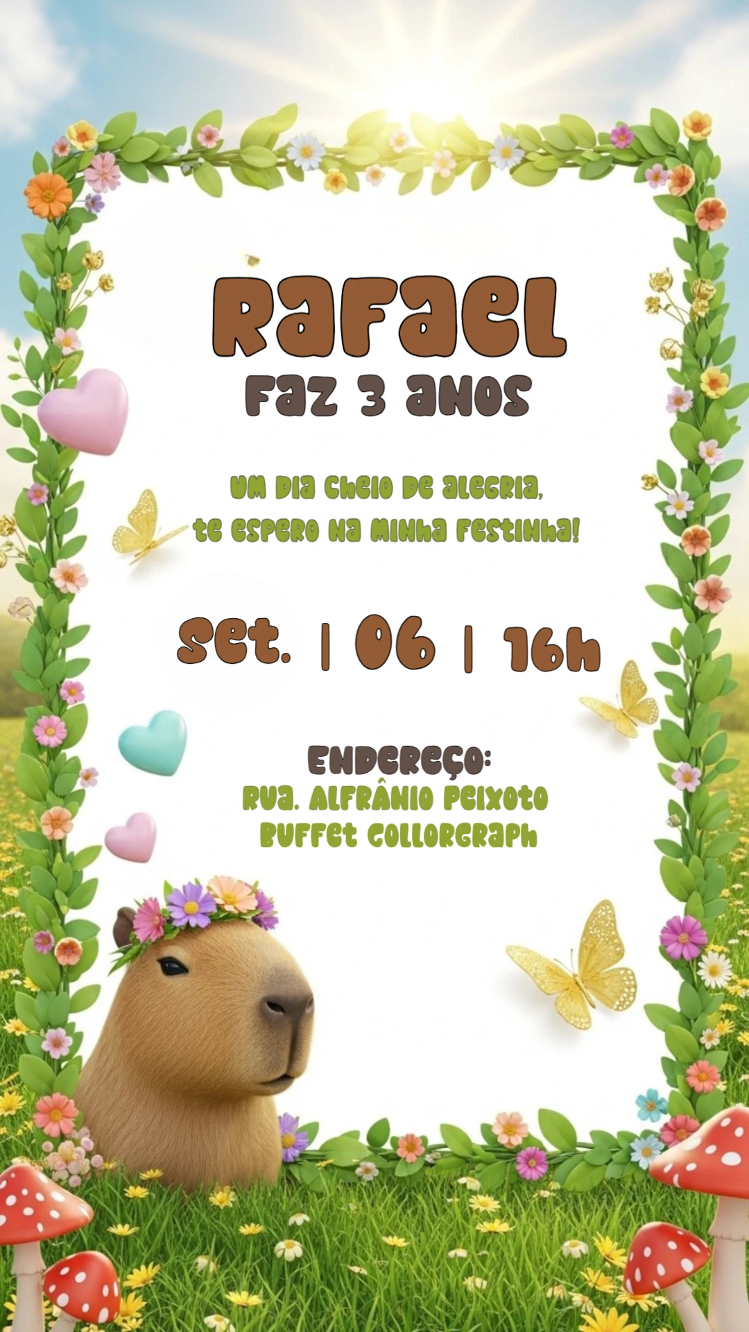 Convite de Aniversário Capivara Fofa para Editar Online