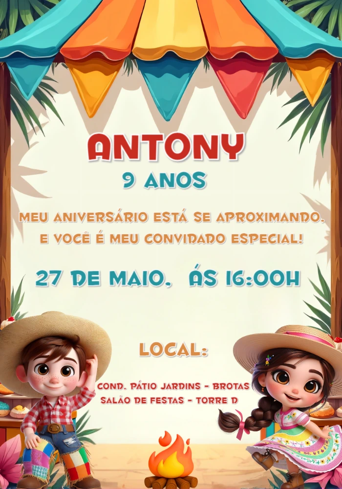 Convite Festa Junina Infantil com Personagens para Editar Online