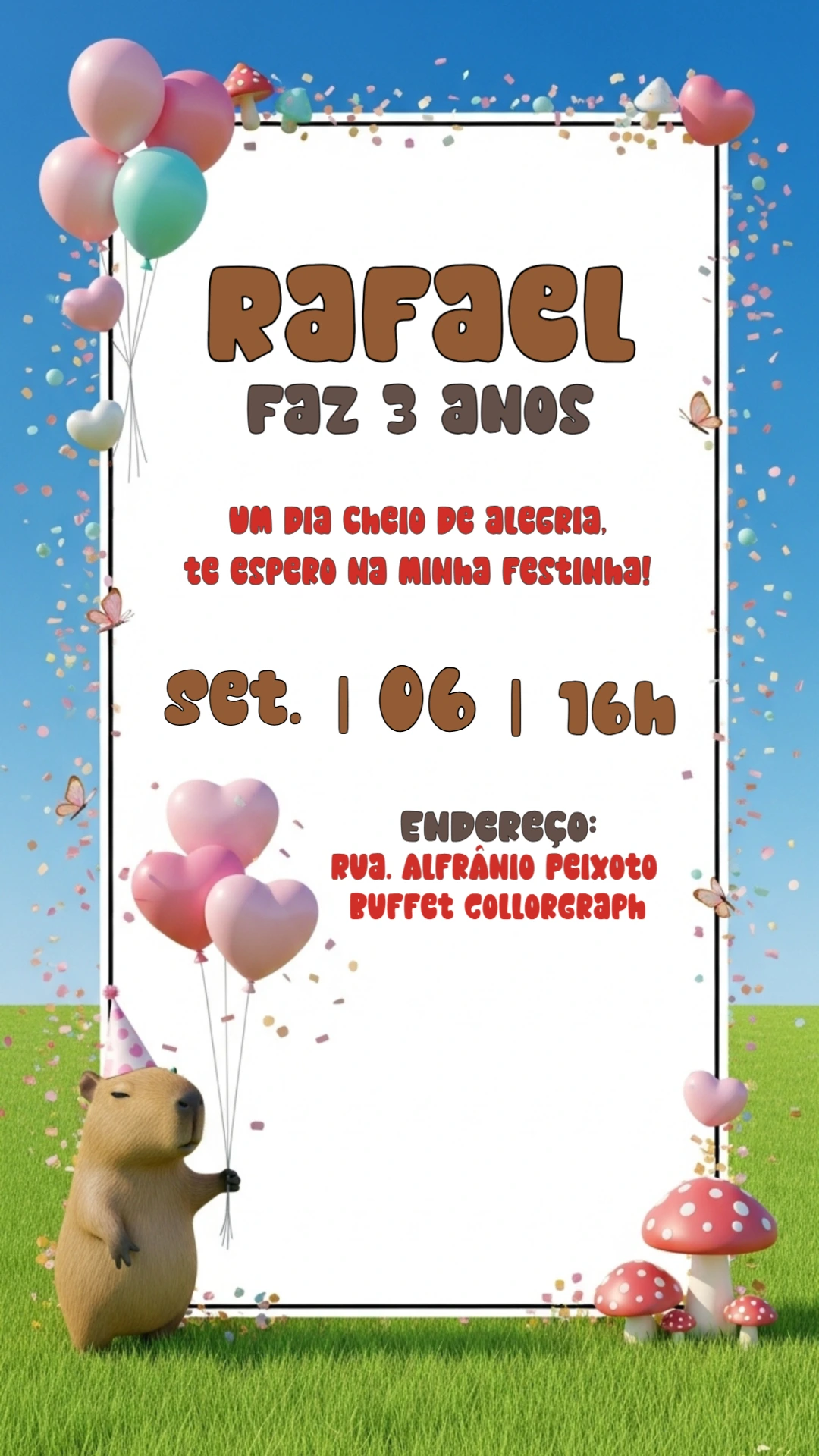 Convite Aniversário Capivara Fofa para Editar Online